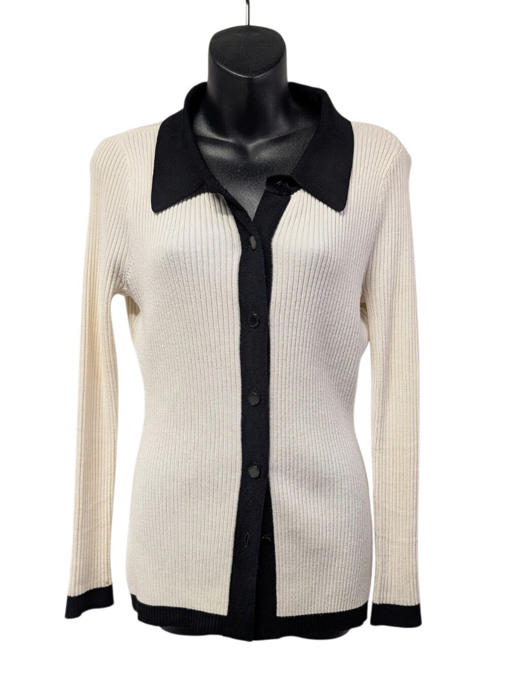 White House Black Market Womens Ivory Black Collared Ribbed Button Cardigan SP